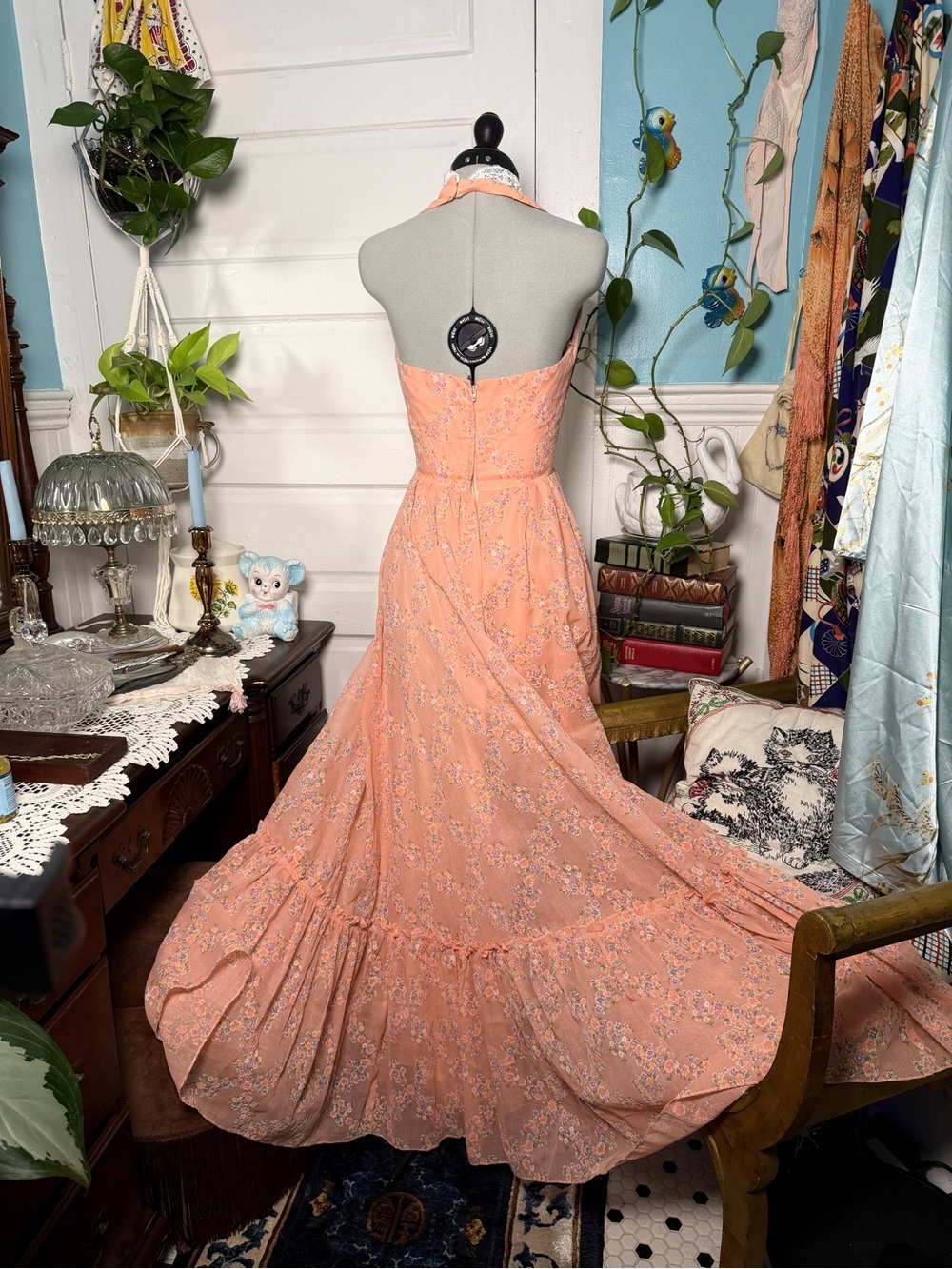 Handmade 1960s (?) XS Peach Halter Floral Maxi Dress - Picture 7 of 7